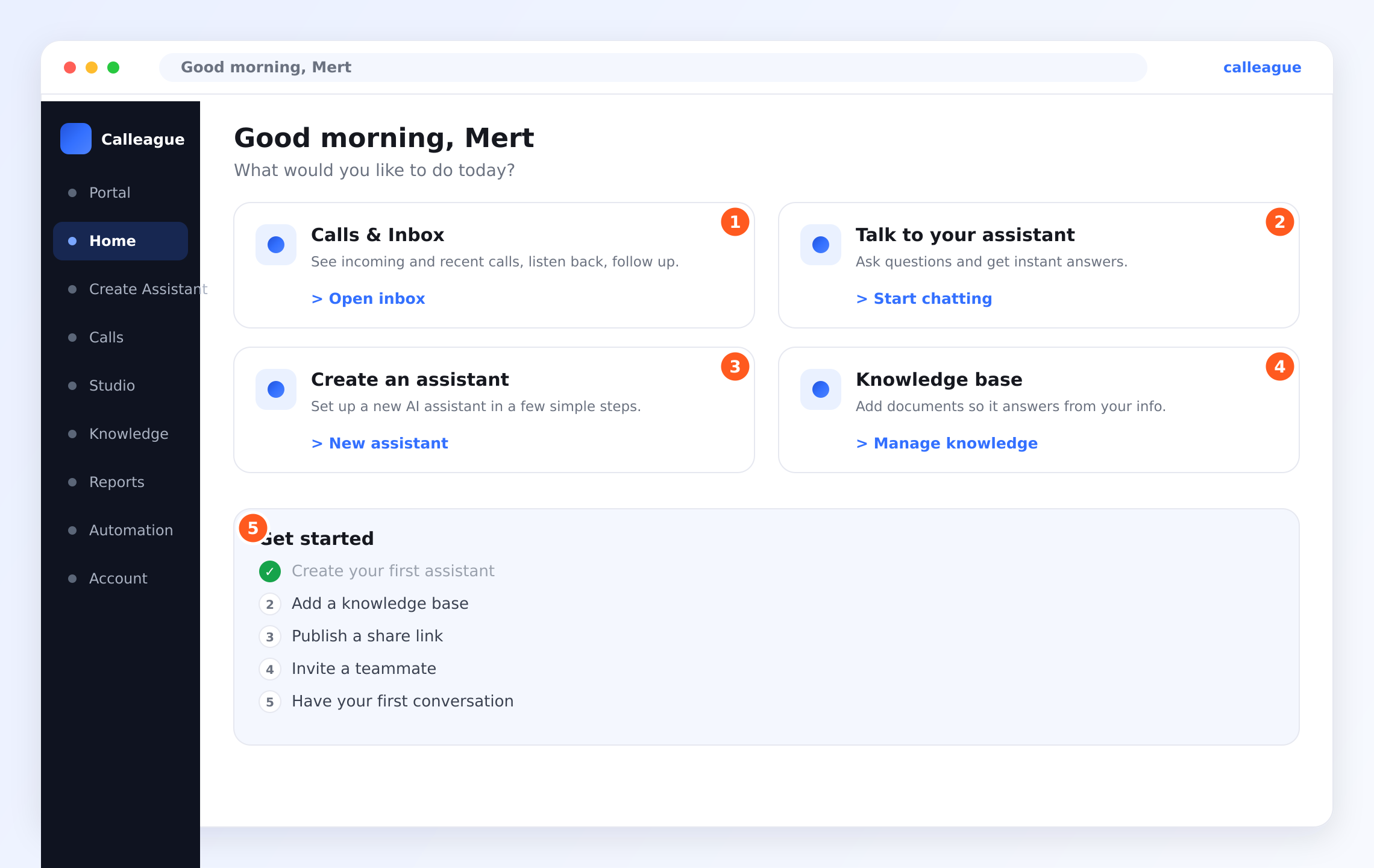 Your Calleague Home dashboard, with four action cards and a "Get started" checklist
