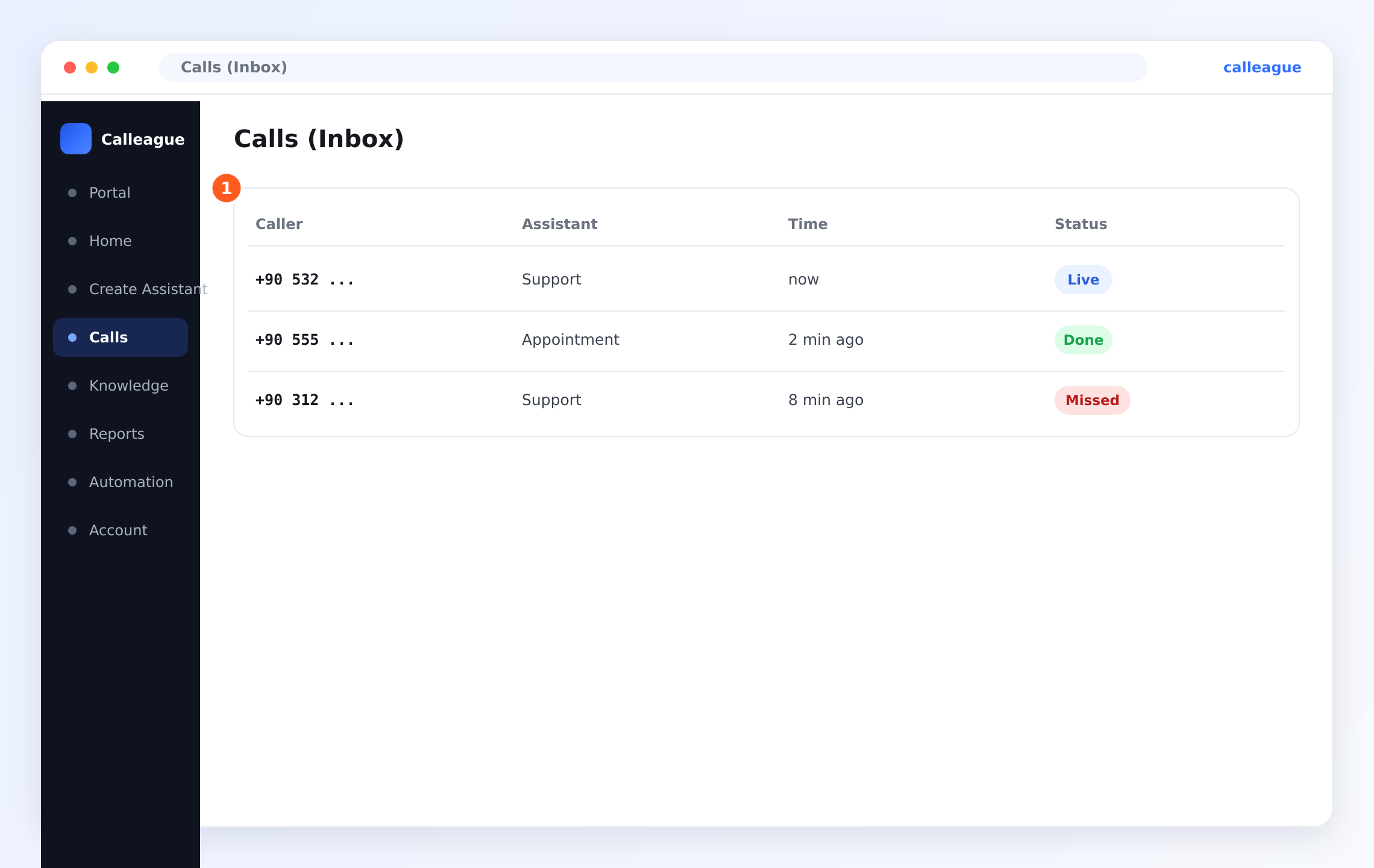 The Calls (Inbox) screen: a list of calls with caller, assistant, time, and status