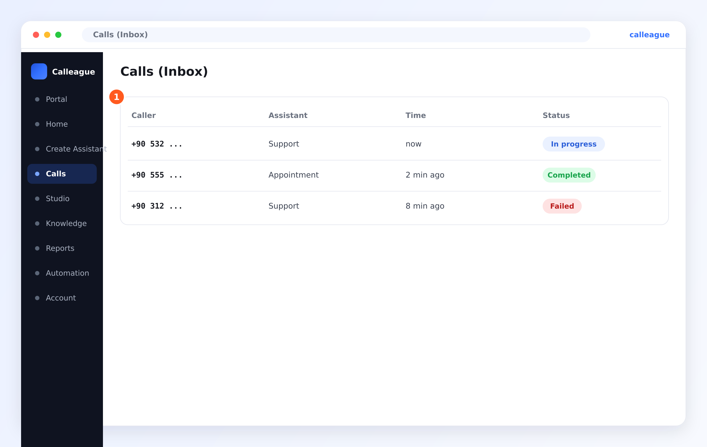 The Calls (Inbox) screen: a list of calls with caller, assistant, time, and status
