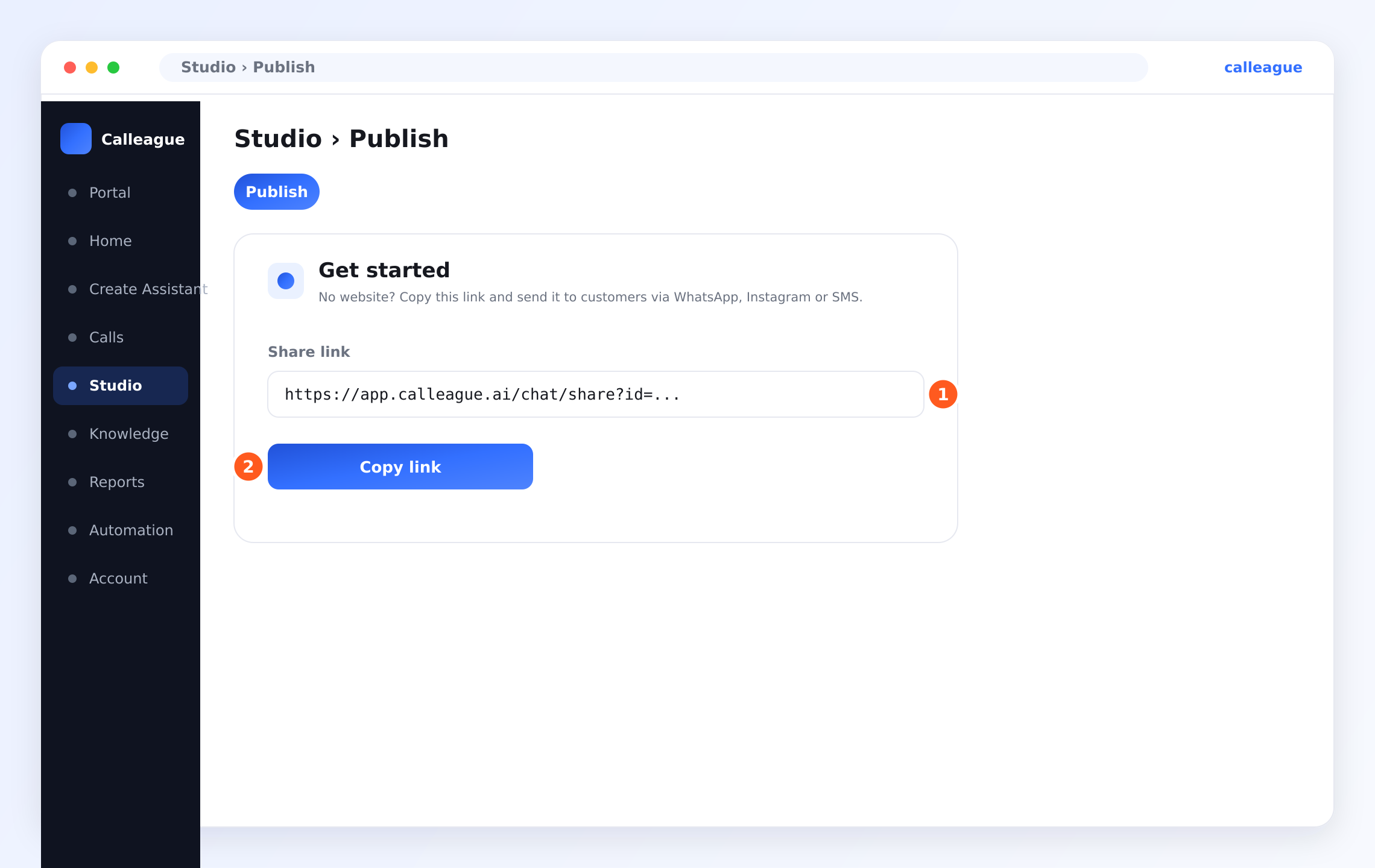 The "Get started" box on the Studio › Publish tab — the ① "Share Link" and the ② "Copy link" button (the Publish tab appears active)