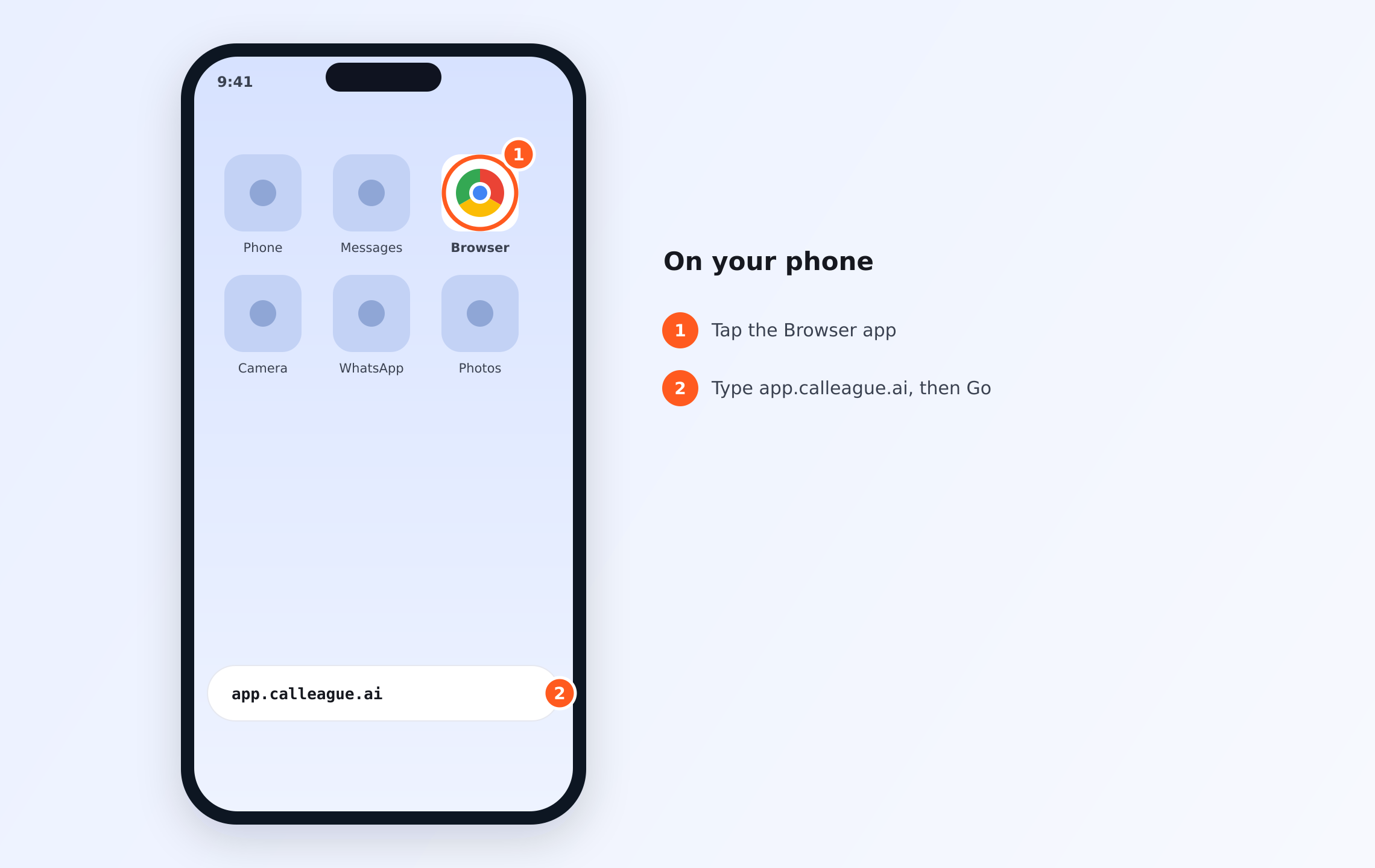 A phone home screen — the marked ① "Browser" (internet) icon and ② "app.calleague.ai" typed in the address bar