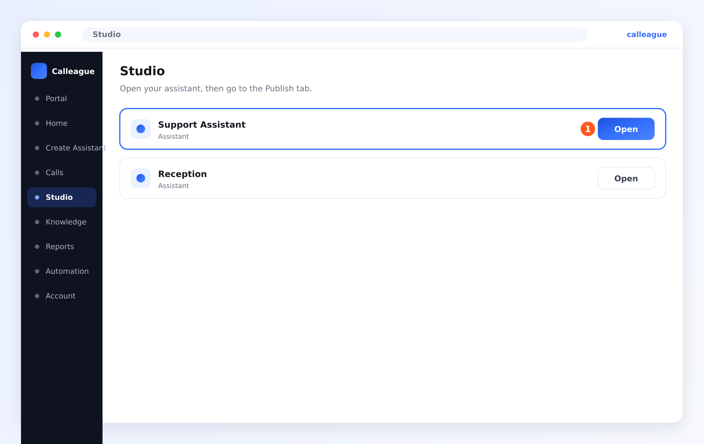 The assistant list in the Studio menu — the ① "Open" button next to the assistant in the first row