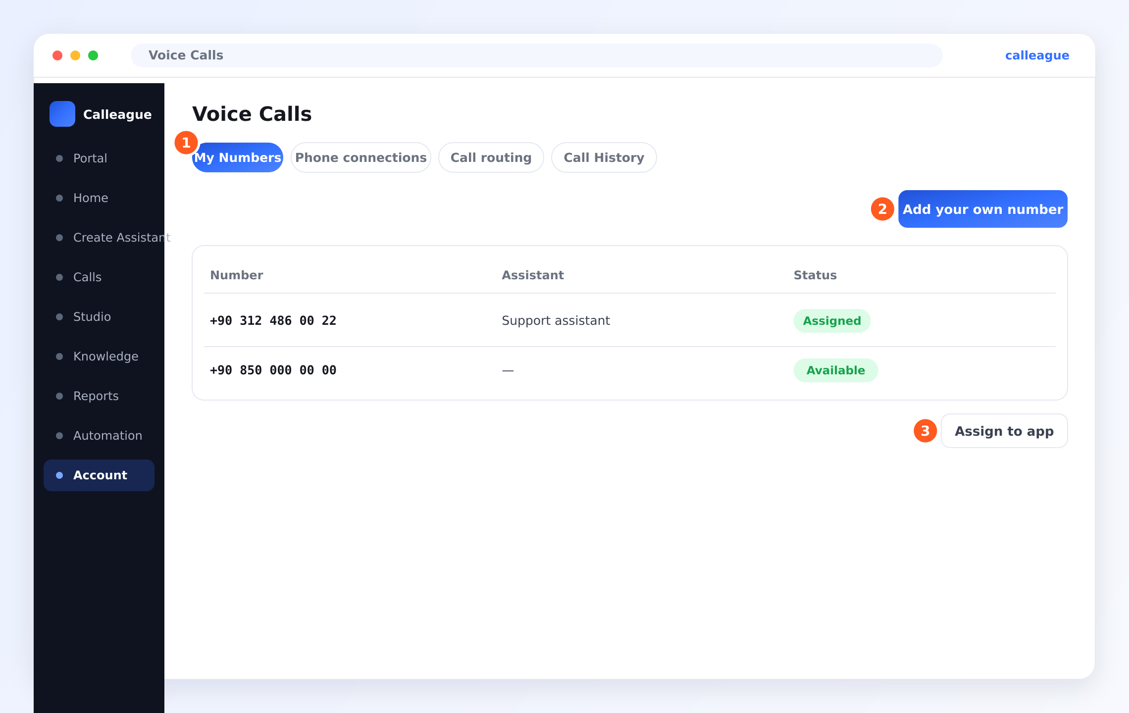 The Voice Calls screen — the "My Numbers" tab, the "Add Your Own Number" button and a list of numbers