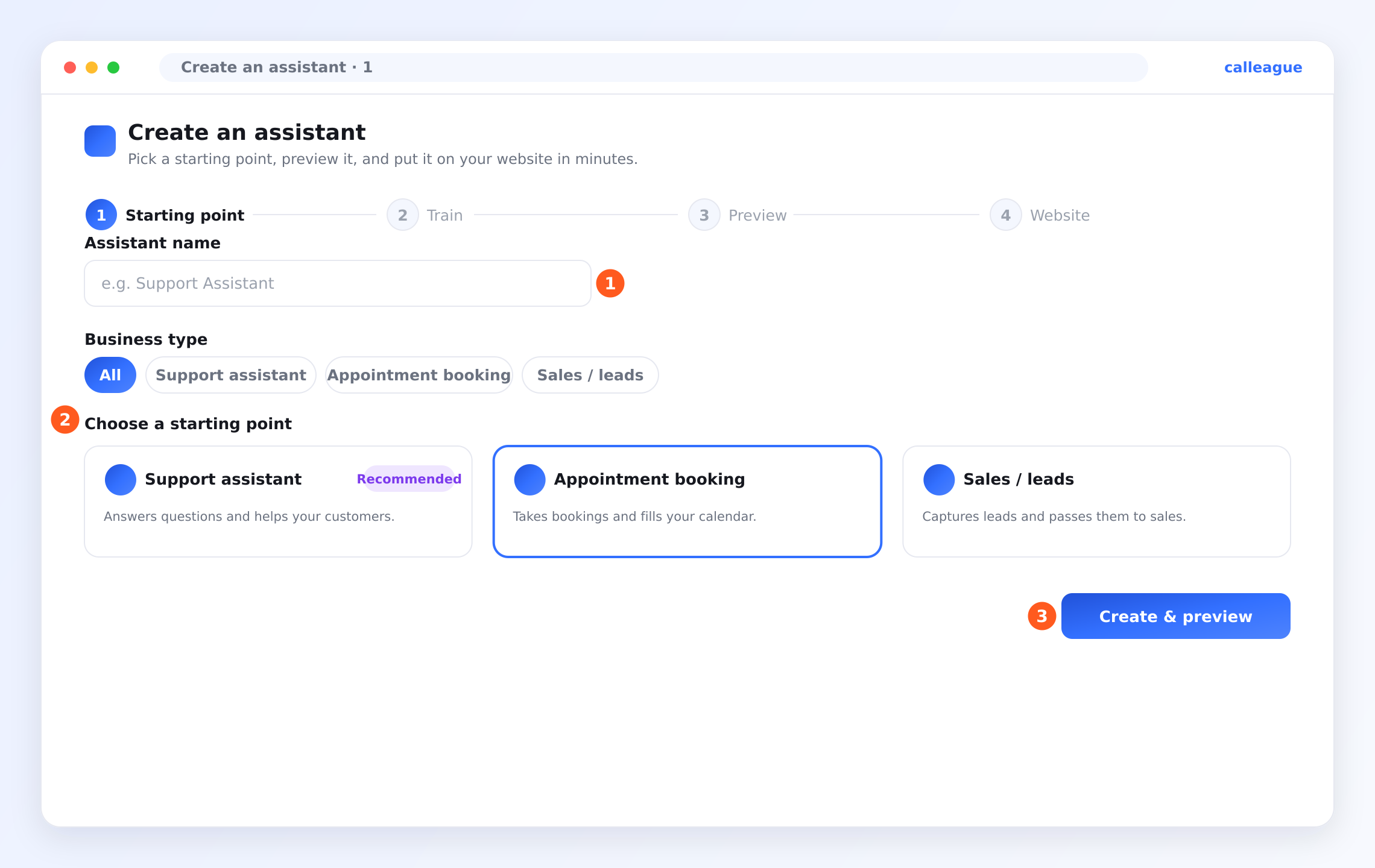 The "Starting point" step of the assistant wizard — assistant name, three starting cards, and the "Create & preview" button