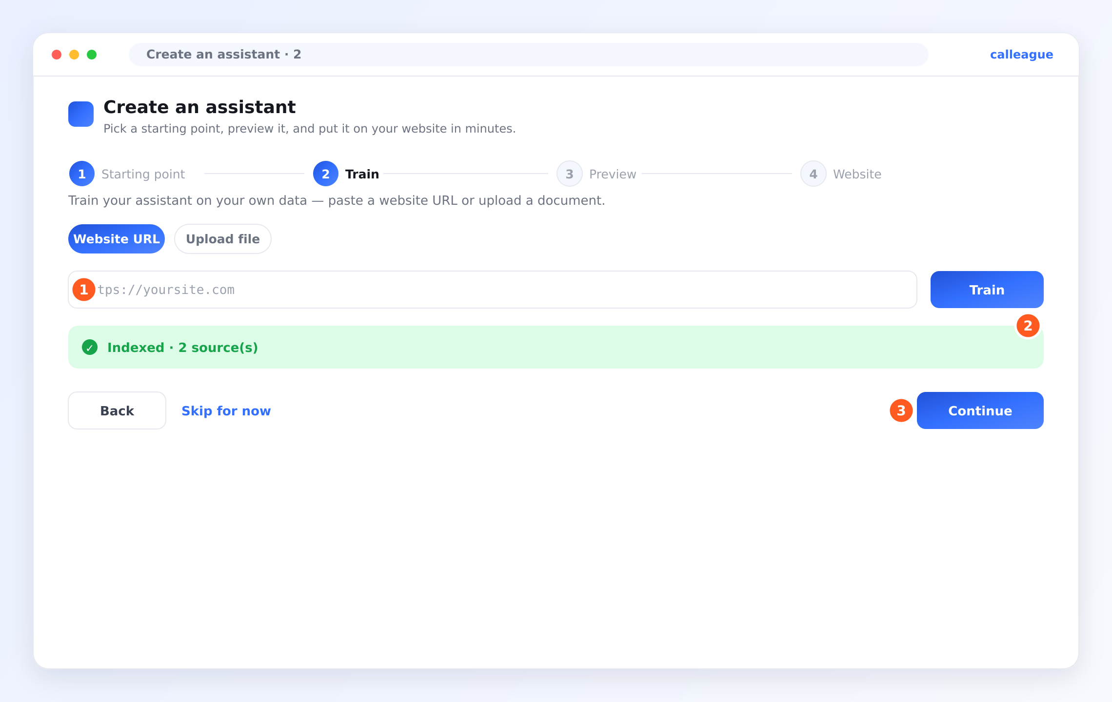 Wizard step 2 — training the assistant by adding a website address or a file