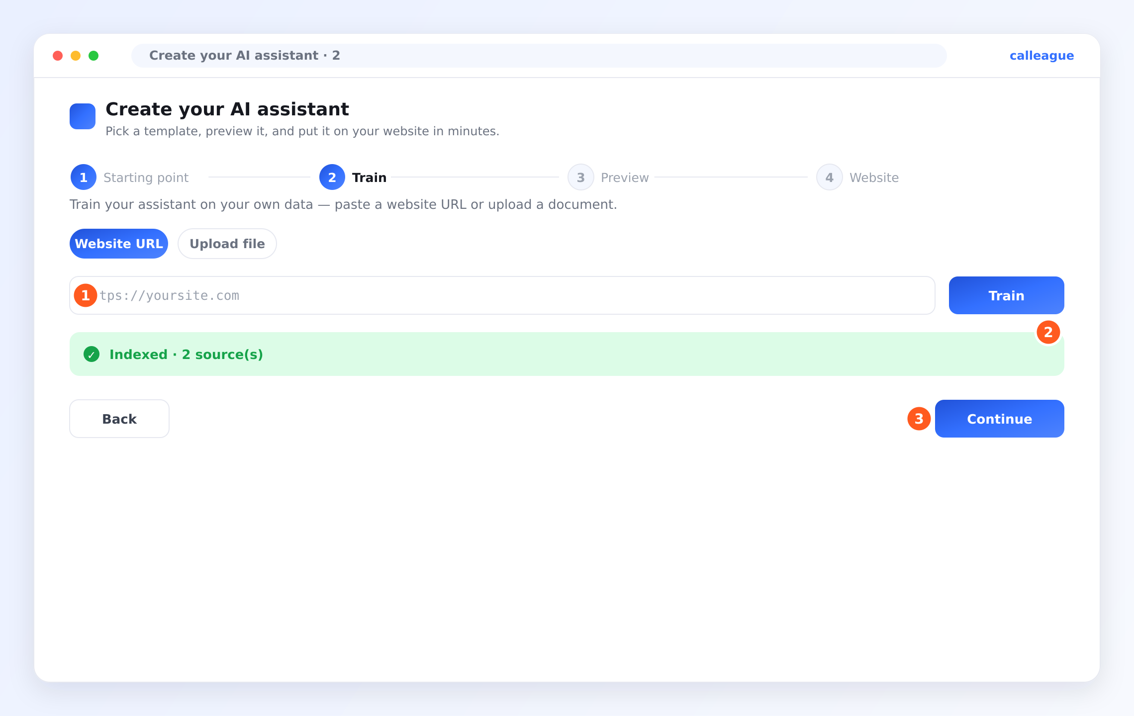 The Train step: paste a website URL and click Train, or switch to the Upload file tab