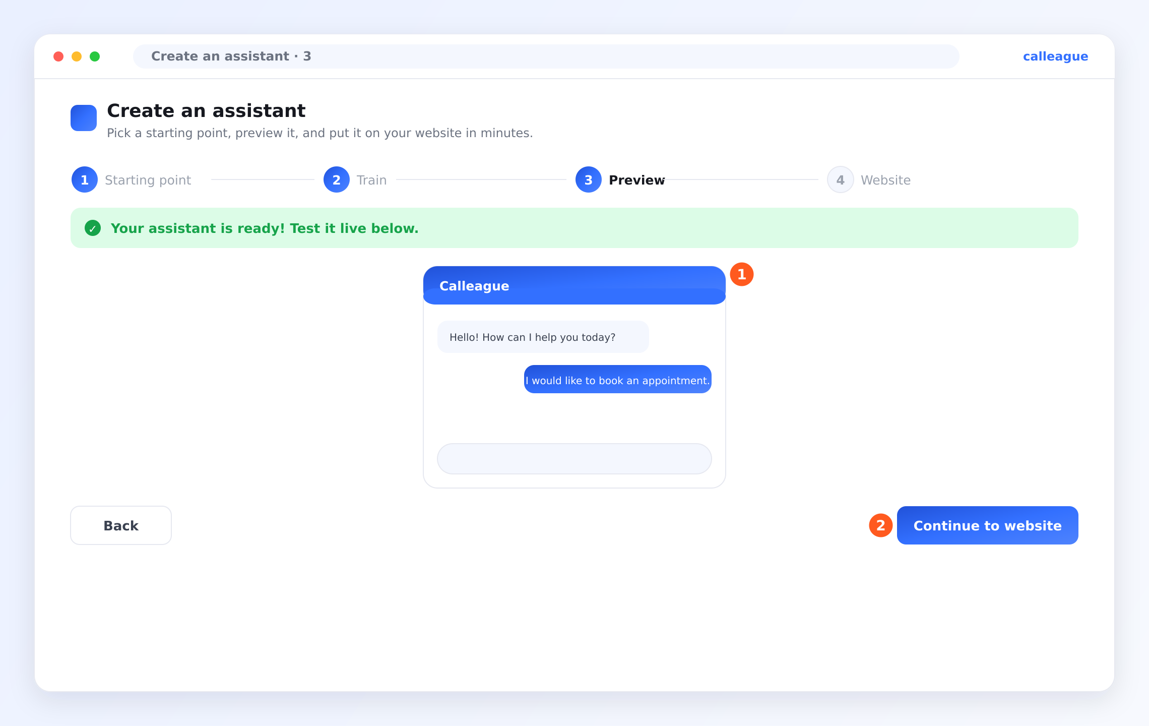 Wizard step 3 — trying the assistant in a live chat box