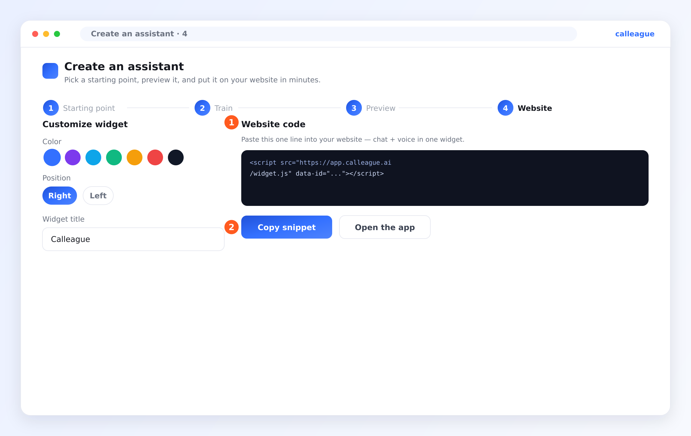 Wizard step 4 — customizing the chat bubble and copying the website code